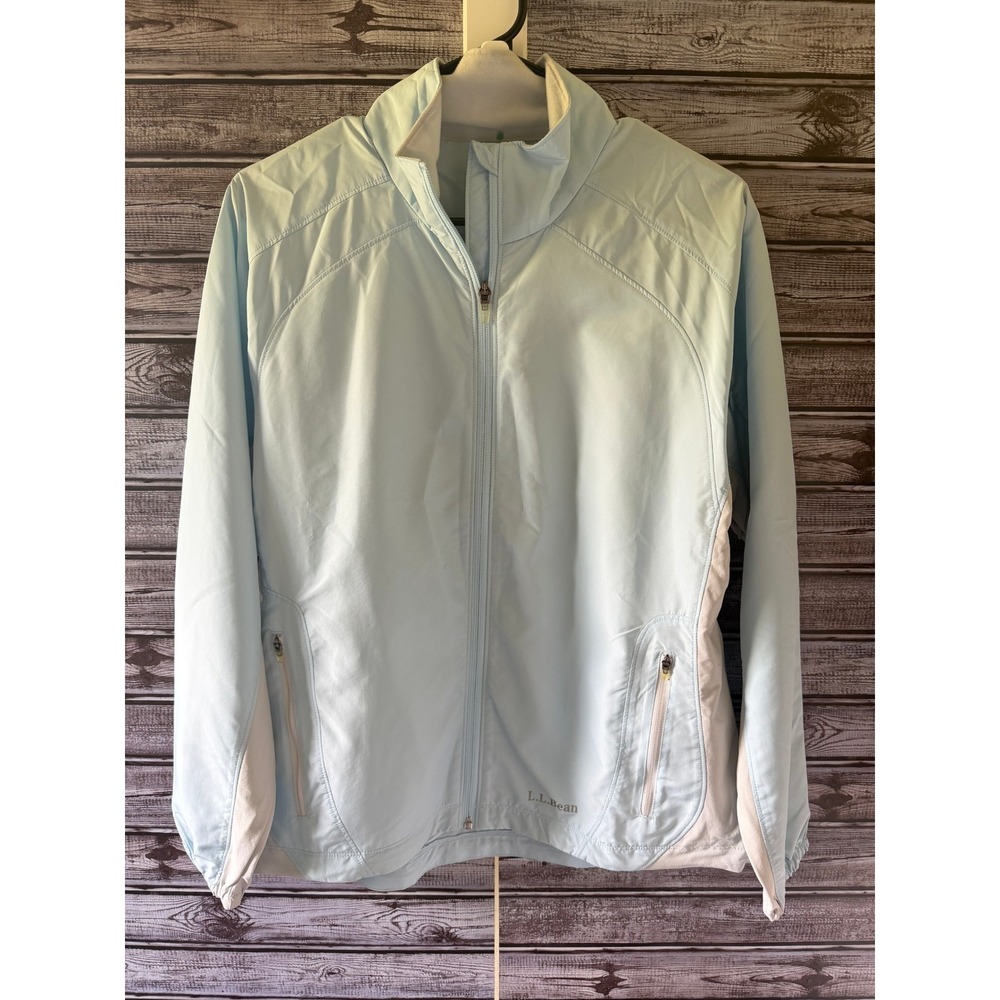 LL Bean Women's Full-Zip Windbreaker Size L Pale Blue Cream Pockets Logo